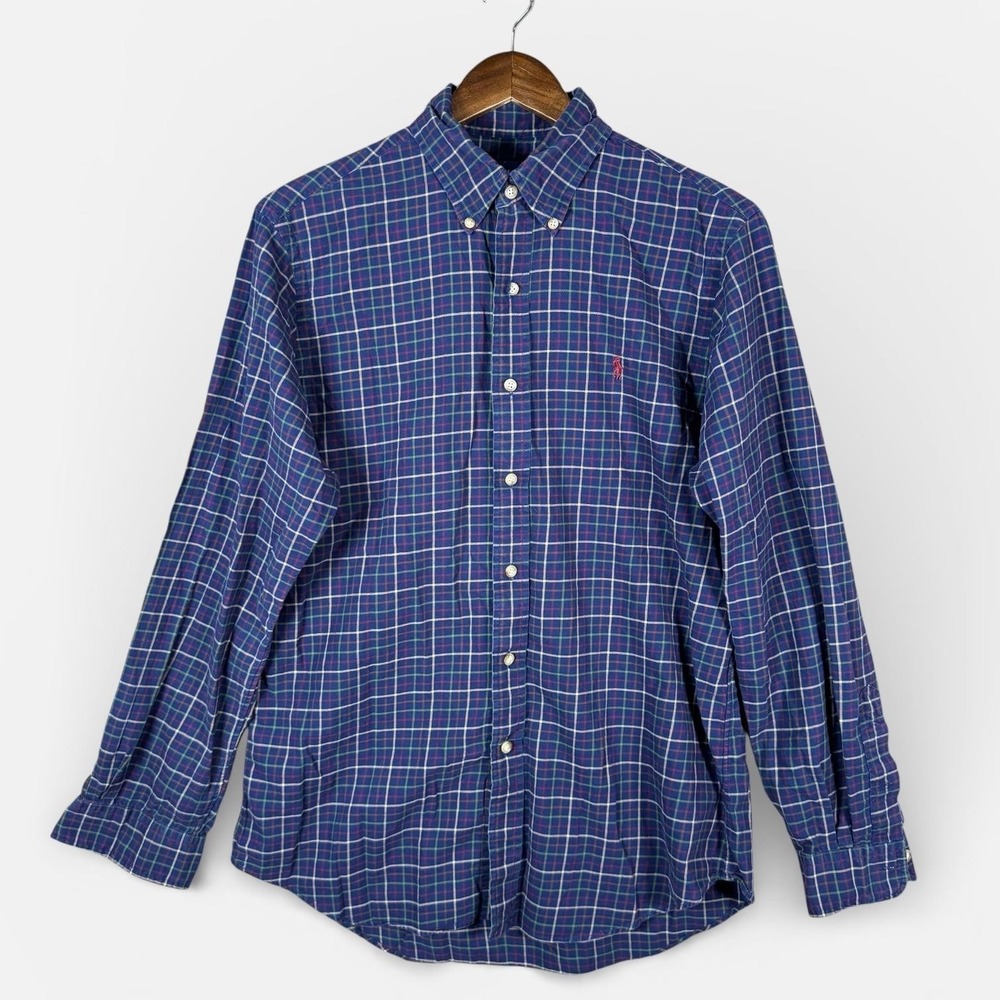 Polo Ralph Lauren Shirt Mens Medium Blue Plaid Button Down Long Sleeve Cotton